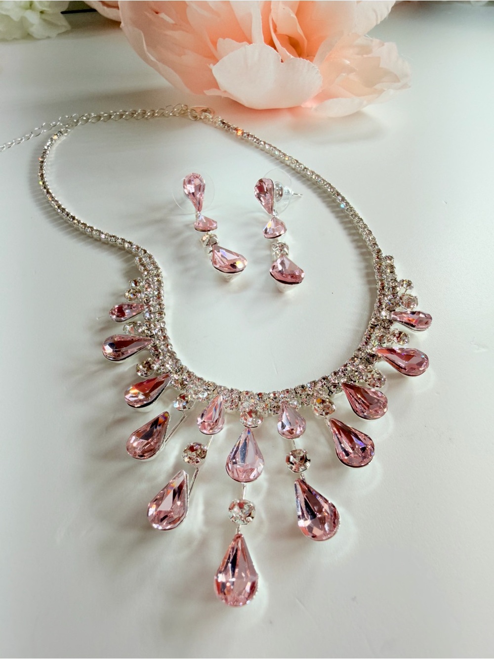 Pink Teardrop Crystal Necklace and Earring Set